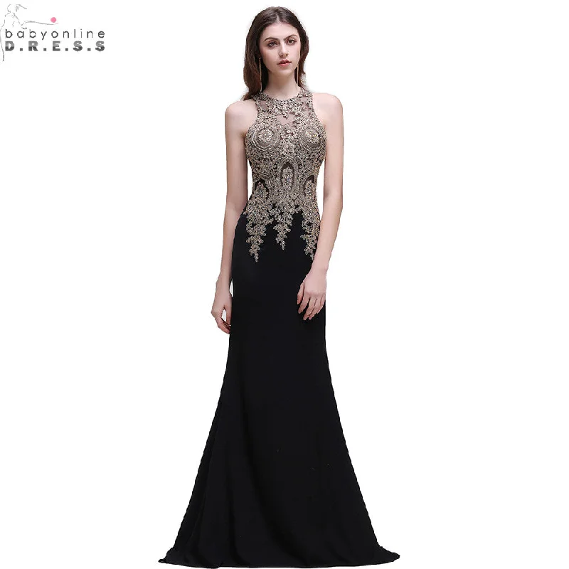 Robe de Soiree Longue Cheap Black Lace Mermaid Long Evening Dress  Sexy Sheer Appliques Embroidery Evening Party Dresses Tunics Long Elegant