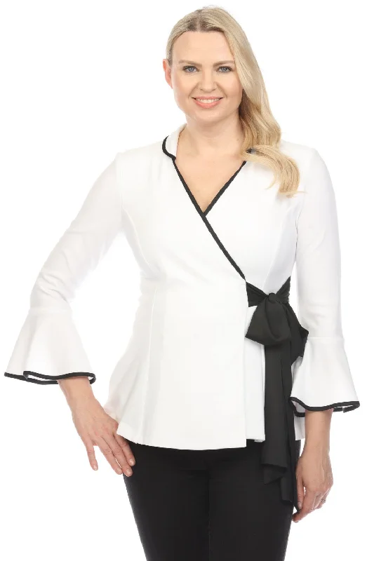 Joseph Ribkoff Vanilla/Black Two-Tone Side Bow Flared Hem Jacket 241074 A-Line Jacket Boat Neck Shawl Collar