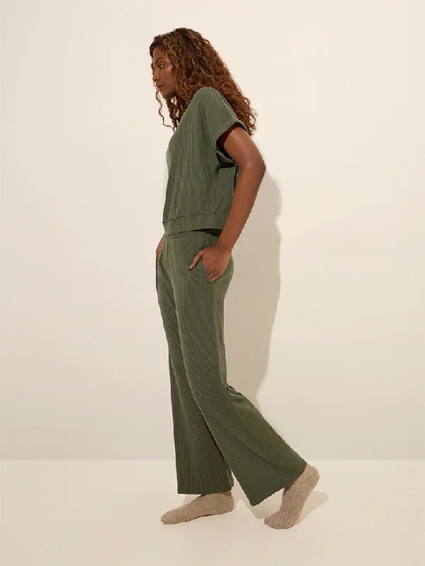 Wunderlove Olive Ribbed High-Rise Lounge Pants Comfortable Wide-Leg Pants