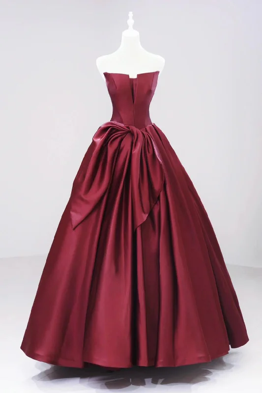 Burgundy Satin Floor Length Prom Dresses, Beautiful A-Line Evening Party Dresses Tunics Velvet soft