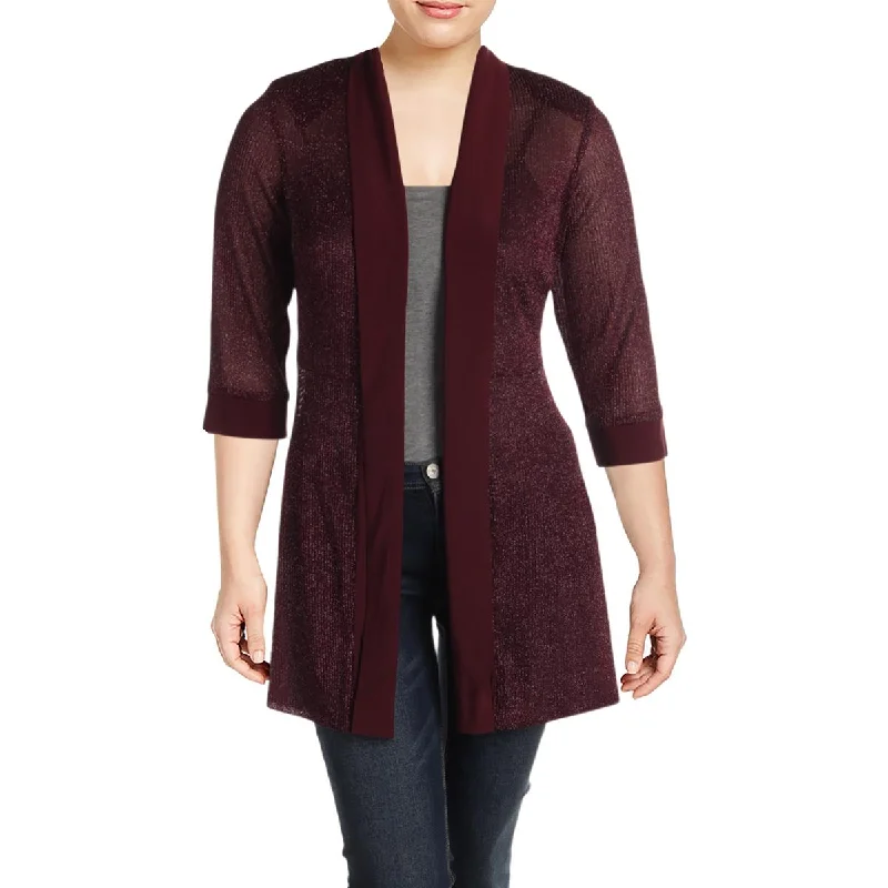 R&M Richards Womens Plus Metallic 3/4 Sleeves Cardigan Top Cashmere Blend Cotton Blend Poly Blend