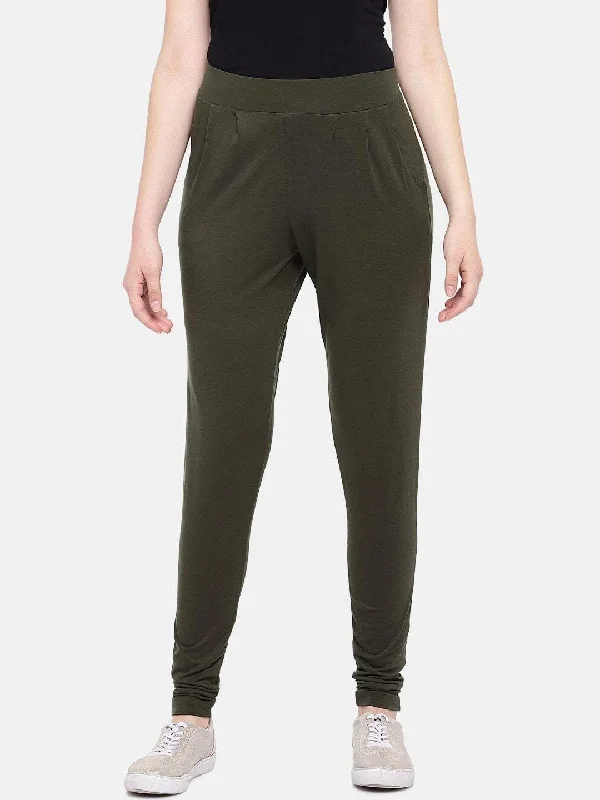 Women's Olive Viscose Elastane Loose Fit Knit Pant Trendy Tapered Pants