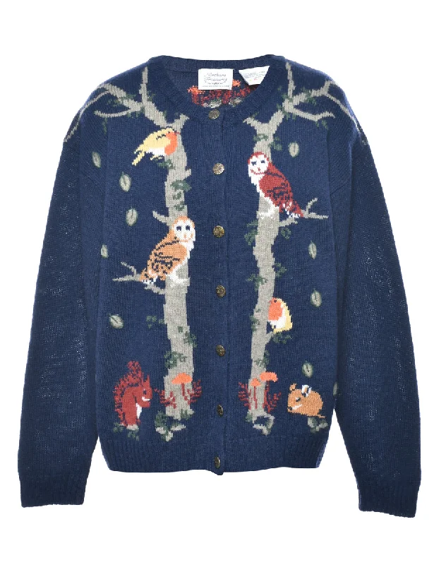 100% Wool Bird Design Cardigan - M Terry Blend Velvet Blend Canvas Blend