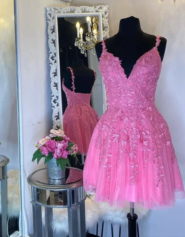 Aline V-Neck Short Homecoming Dresses Sleeveless Tulle Lace Party Dresses with Appliques Tunics Bridal satin