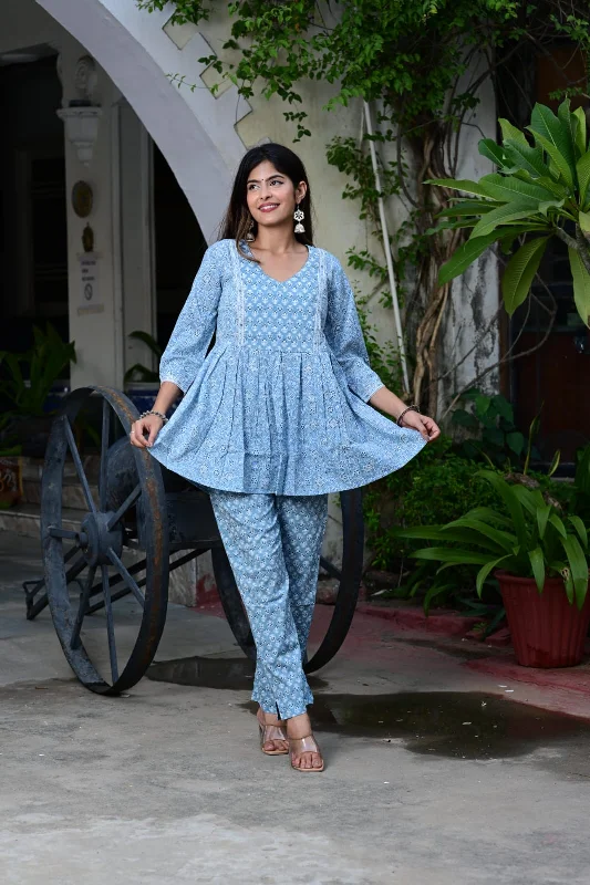Elegant Women’s Cotton Co-Ord Set with Flowy Blue Top and Matching Straight-Fit Pants Fashionable Work Pants