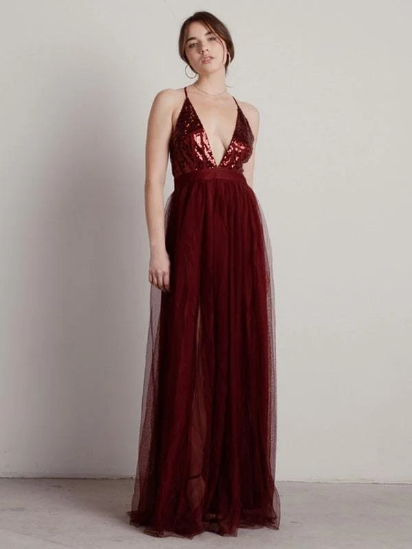 Burgundy Evening Dress A-Line V-Neck Tulle Floor-Length Pleated Maxi Formal Party Dresses Tunics Luxurious high-end