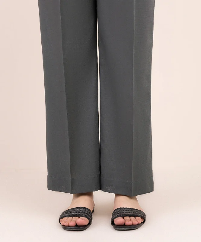 Solid Crosshatch Straight Pants Elegant Wool Trousers
