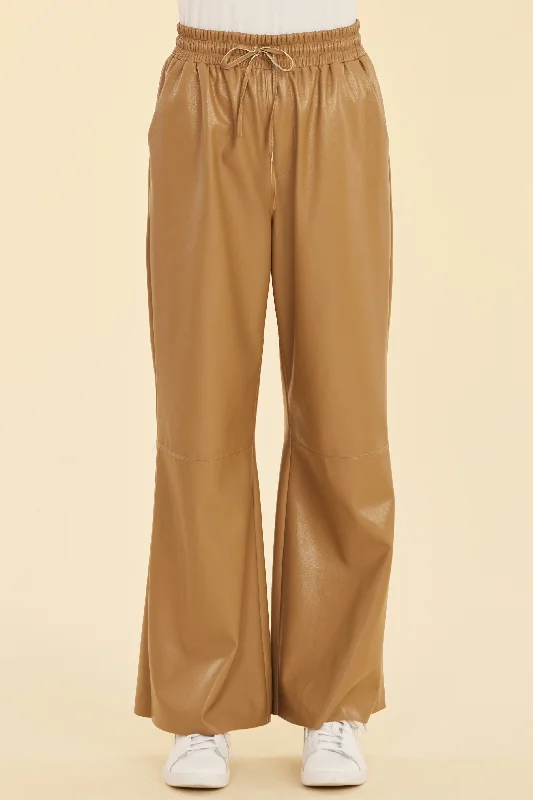 Faux Leather Wide Leg Drawstring Pants Relaxed Lounge Trousers