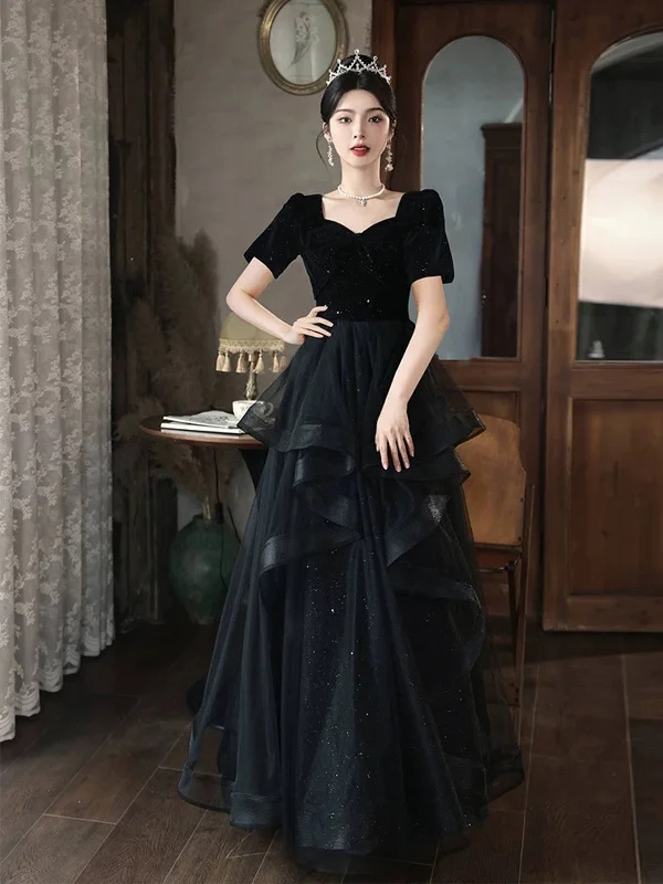 A-line Black Layers Short Sleeves Prom Dress, Black Velvet and Tulle Party Dress Tunics Party sparkling