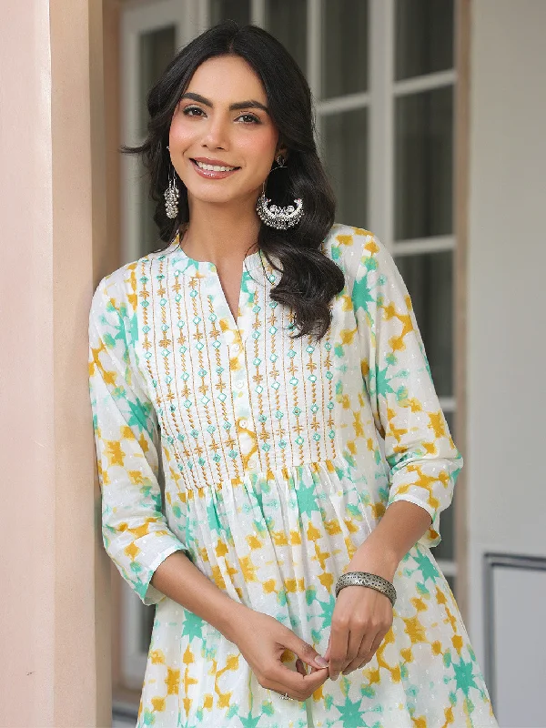 White Pure Cotton Yoke Embroidered Abstract Printed A-line Kurta Pant Set Soft Stretch Leggings