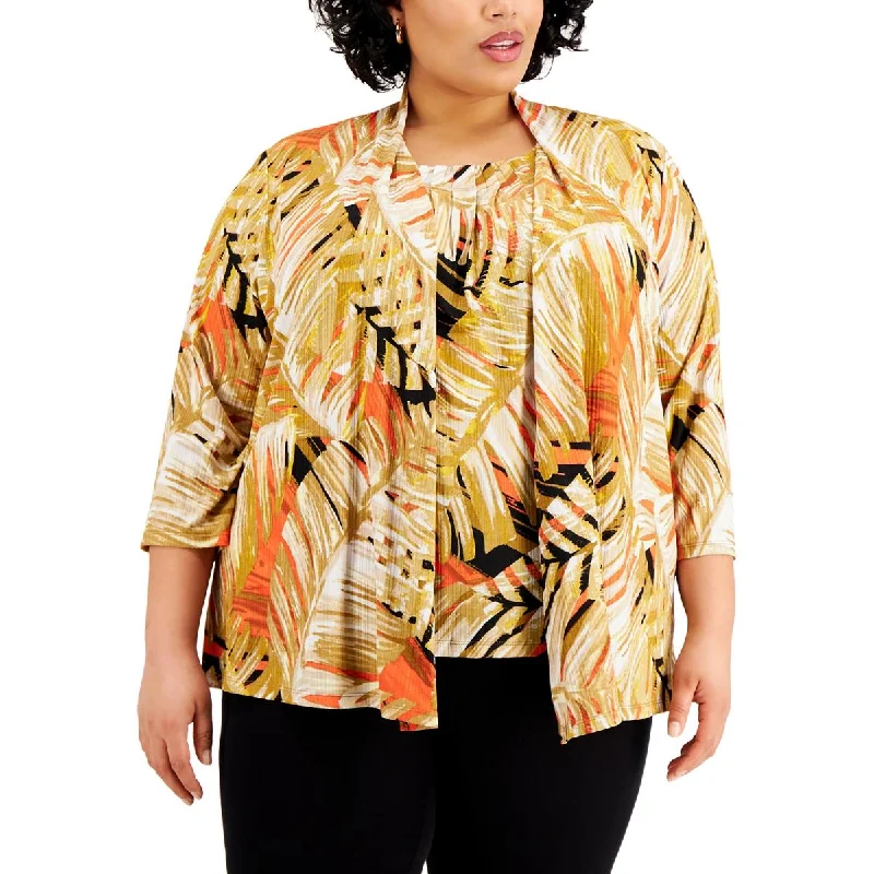 Kasper Womens Plus Floral Print  Cardigan Sweater Iron Safe Non-Iron Wrinkle Free