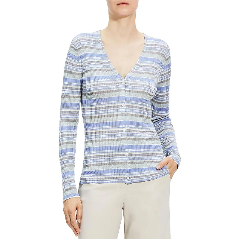 Theory Womens Ribbed Silk Cardigan Sweater Machine Wash Dry Clean Hand Wash