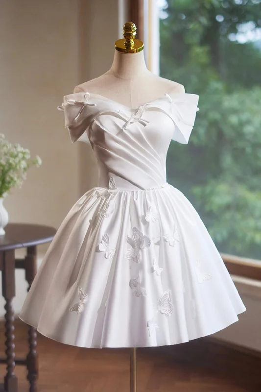 White Satin Knee Length Party Dresses, Off the Shoulder A-Line Evening Dresses Tunics Leisure comfortable