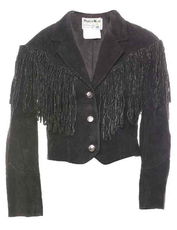 Black Suede Cropped Fringed Jacket - M Embroidered Jacket Appliqued Jacket Beaded Jacket