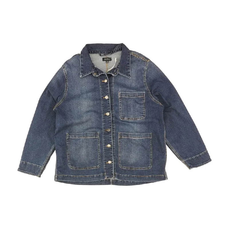 Blue Solid Denim Jacket Hoodie Zip-Up Jacket Button-Up Jacket