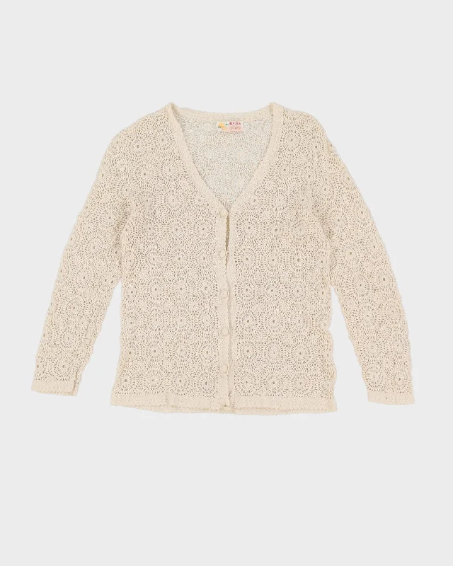 1980s Cream Crocheted Cotton Cardigan - S Crew Neck V-Neck Turtle Neck