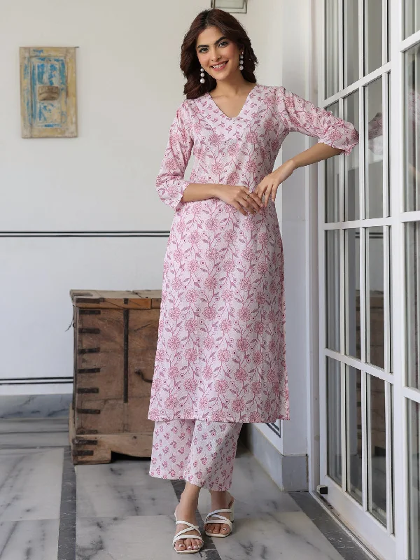 Light Pink Pure Cotton Floral Printed Straight Kurta Pant Set Chic Checkered Pants