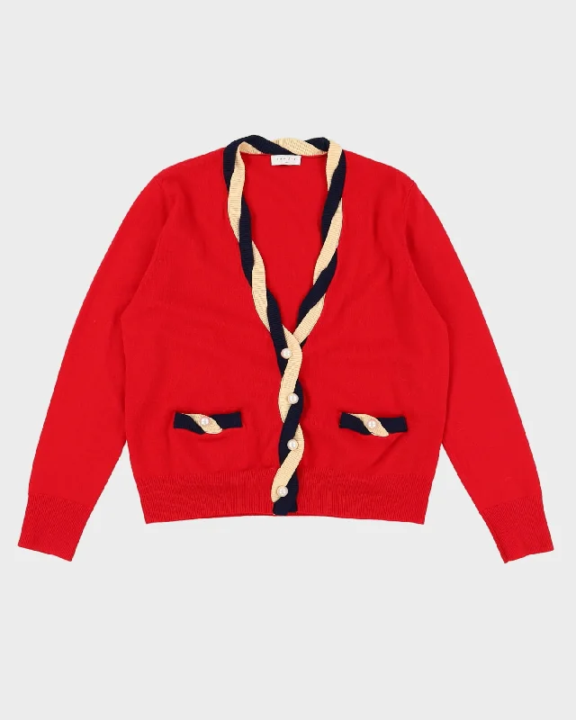 Sandro Paris Red Knitted Cardigan - L Front Pockets Side Pockets Patch Pockets