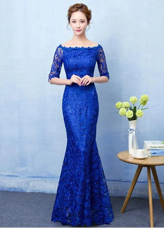Mermaid Evening Dress Royal Blue Lace Prom Dress Off The Shoulder Half Sleeve Fishtail Maxi Party Dress Wedding Guest Dress Boat Neckline Classic