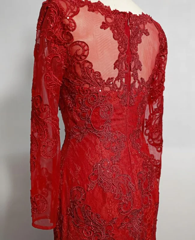 Red Lace Mermaid Long Sleeves Evening Gown, Red Lace Wedding Party Dresses Halter Neckline Beach