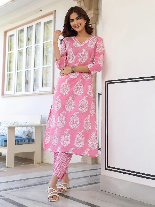 Light Pink Pure Cotton Ethnic Motifs Printed Straight Kurta Pant Set Fashionable Jogger Pants