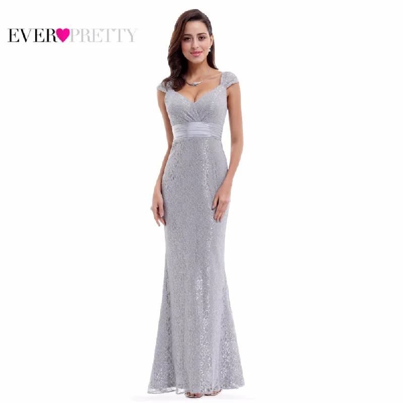 Grey Lace Mermaid Evening Dresses Ever Pretty V Neckline Elegant Peach Collar Long Evening Party Dress Square Neckline Feminine