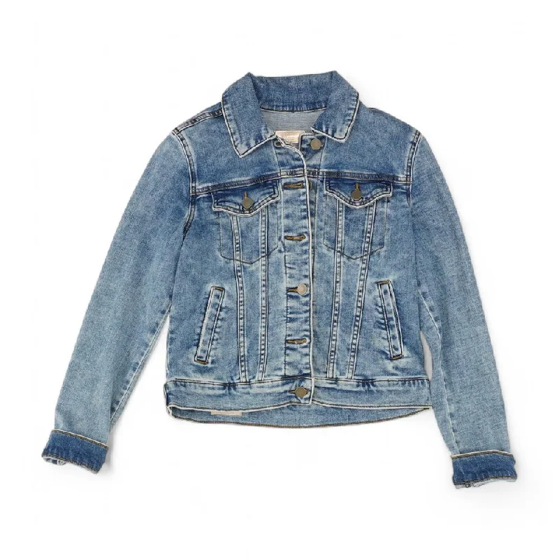 Blue Solid Denim Jacket Welt Pockets Slit Pockets Flap Pockets