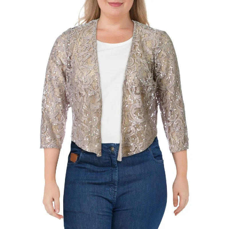 Alex Evenings Womens Lace Sequined Cardigan Top Solid Color Striped Floral Print