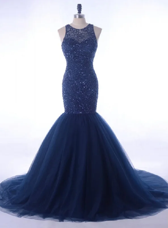 Luxury Rhinestone Evening Gown Beading Navy Blue Women Formal Party Dress Tunics Fashionable trendy