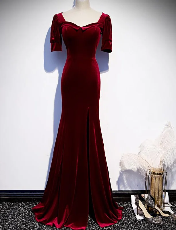 Wine Red Velvet Mermaid Long Evening Party Dresses, Dark Red Velvet Formal Dresses Tunics Cozy comfortable