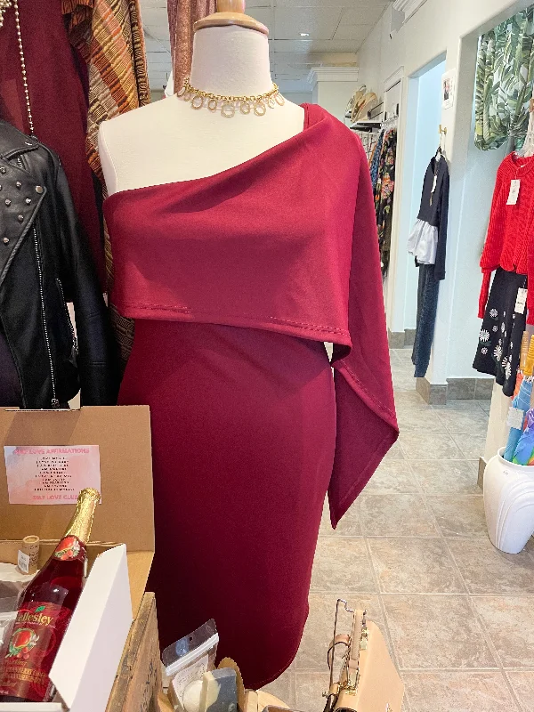 Wine Red One Shoulder Sheath Party Dress - 2XL Tunics Silk luxurious