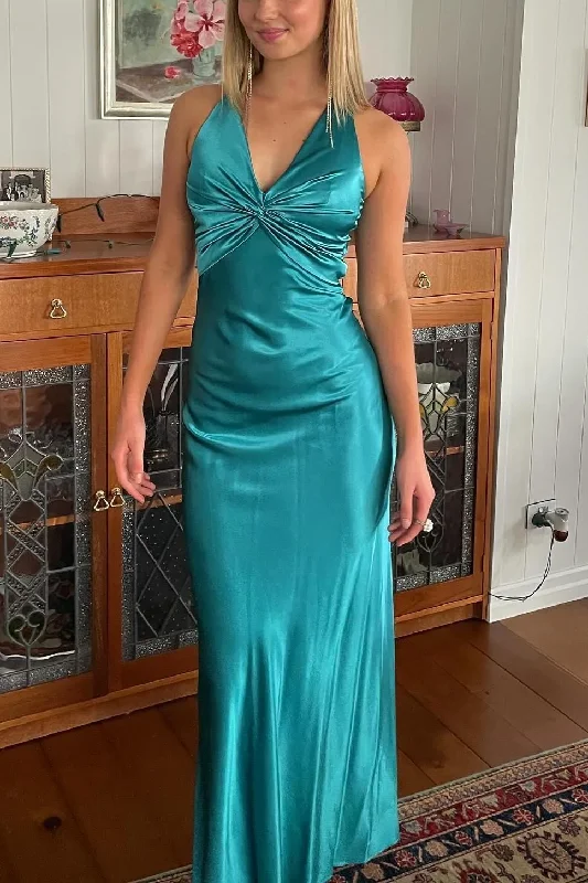 Halter V-Neck Pleated Satin Sleeveless Long Prom Party Dress Tunics Luxurious high-end