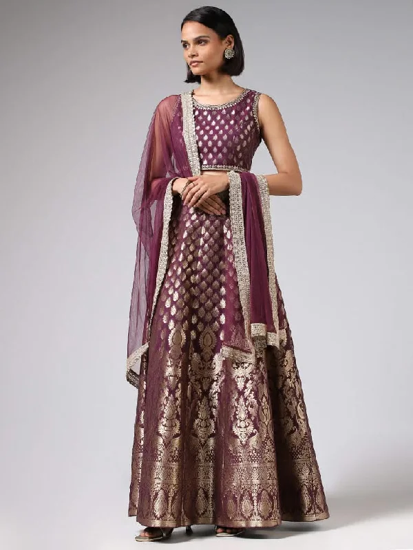 Vark Purple Brocade Choli, Gathered Skirt & Dupatta Set chiffon skirt flowing
