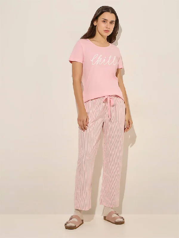 Wunderlove Pink Striped High-Rise Cotton Lounge Pants Trendy Printed Pants