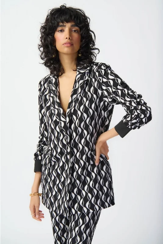 Joseph Ribkoff Black/Moonstone Wavy Geometric Print Longline Blazer Jacket 241147 Cotton Jacket Linen Jacket Terry Jacket