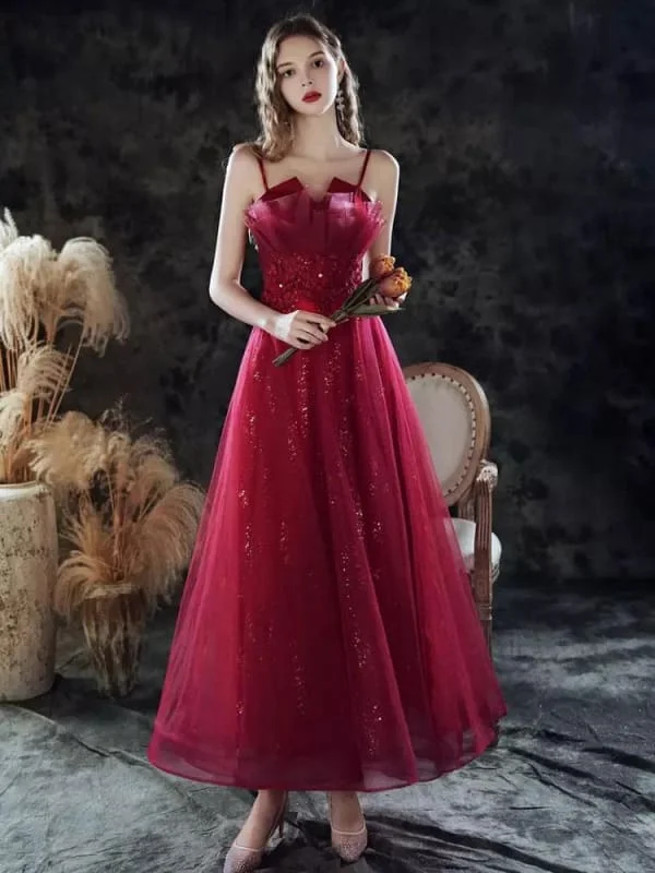 Evening Dress A-Line Sweetheart Neck Lace Floor-Length Sleeveless Party Dresses Burgundy Pageant Dress Tunics Office stylish