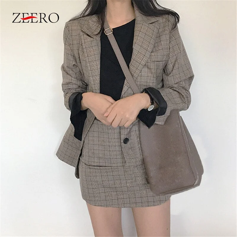Autumn Winter Casual 2 Piece Set Woman Vintage Plaid Single-breasted Long Sleeve Lapel Blazer Jacket + High Waist Skirt Suit Hoodie Zip-Up Jacket Button-Up Jacket