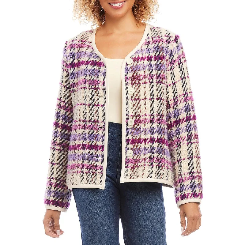 Karen Kane Womens Majestic Magenta Wool Plaid Cardigan Sweater Open Front Closed Front Wrap Front