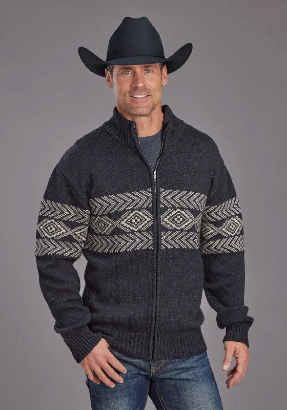 Stetson Mens Aztec Border Grey Cotton/Wool Cardigan Sweater Hooded Caped Shawl Collar