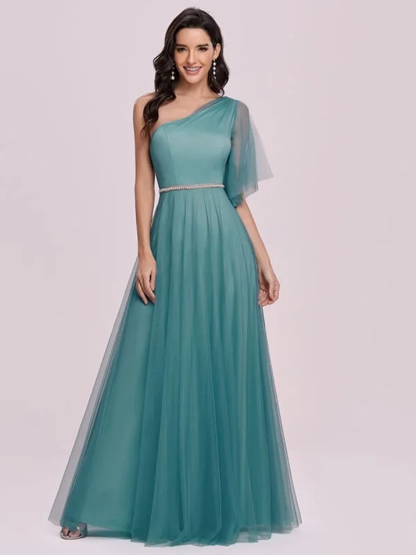 Prom Dress Cyan Blue Polyester One-Shoulder A-Line Sleeveless Backless Maxi Party Dresses Tunics Hiking breathable