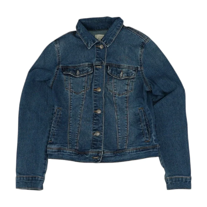 Blue Solid Denim Jacket Snapped Jacket Toggled Jacket Drawstring Jacket