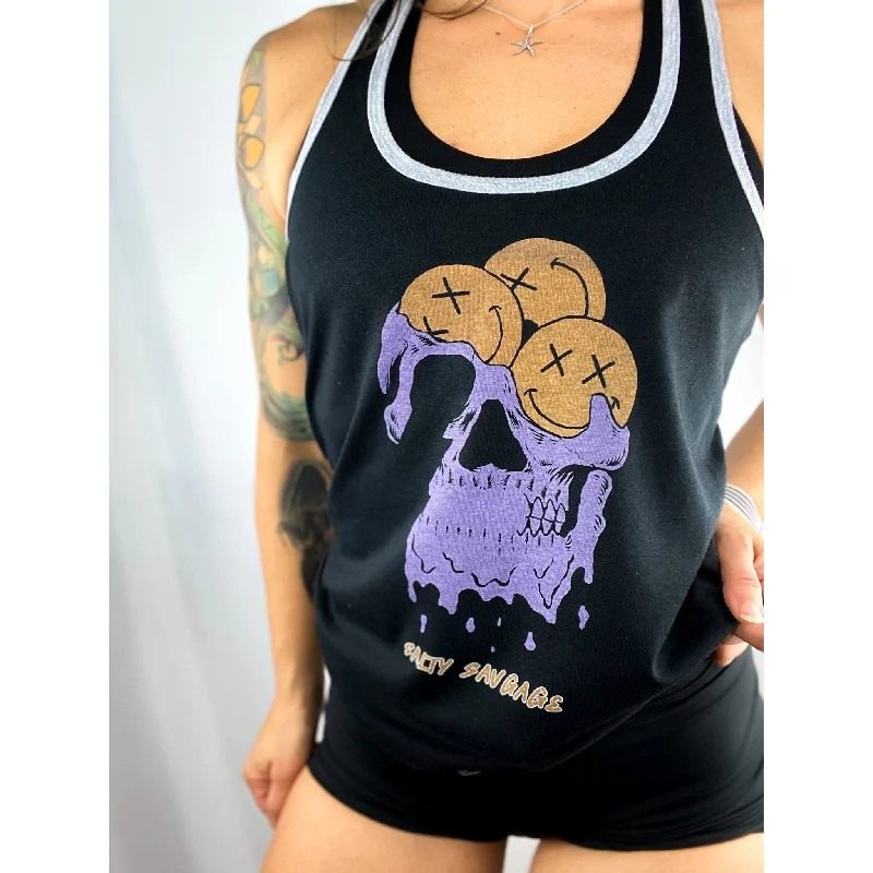 Salty Savage Ladies "Happy Thoughts" Two Tone Racerback Tank | Black/Gray/Purple lavender tank top