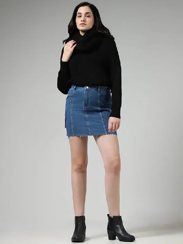 Nuon Mid Blue Denim Mini Cargo Skirt ruffled skirt detail