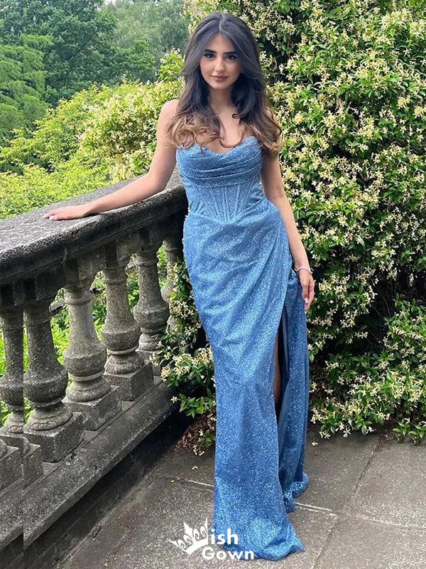 Stylish Shiny Blue Side Slit Sheath Long Party Dress Prom Dresses ,WGP1029 Tunics Plaid country