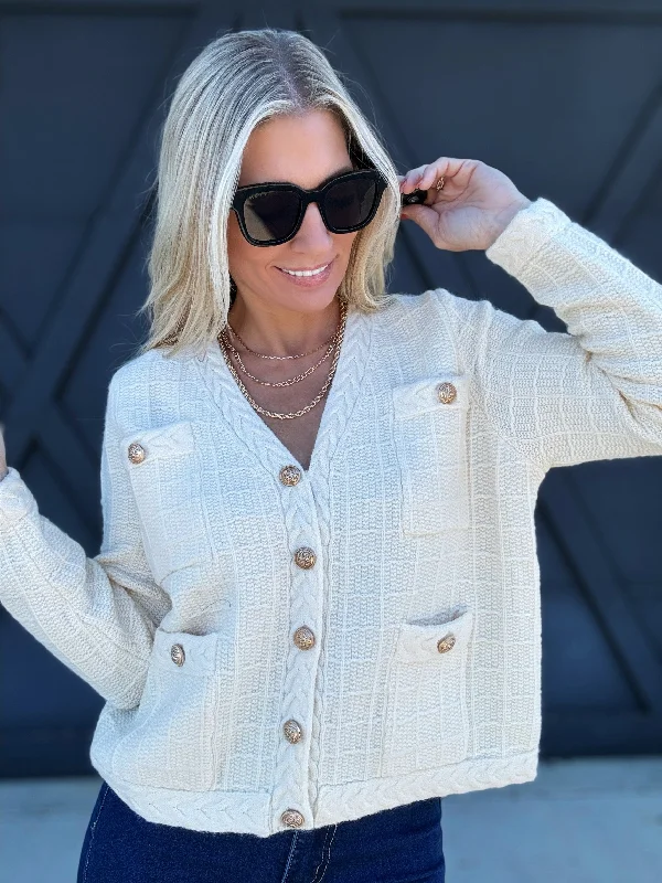 Textured Button-Up Knit Cardigan In Ecru Modern Contemporary chic
