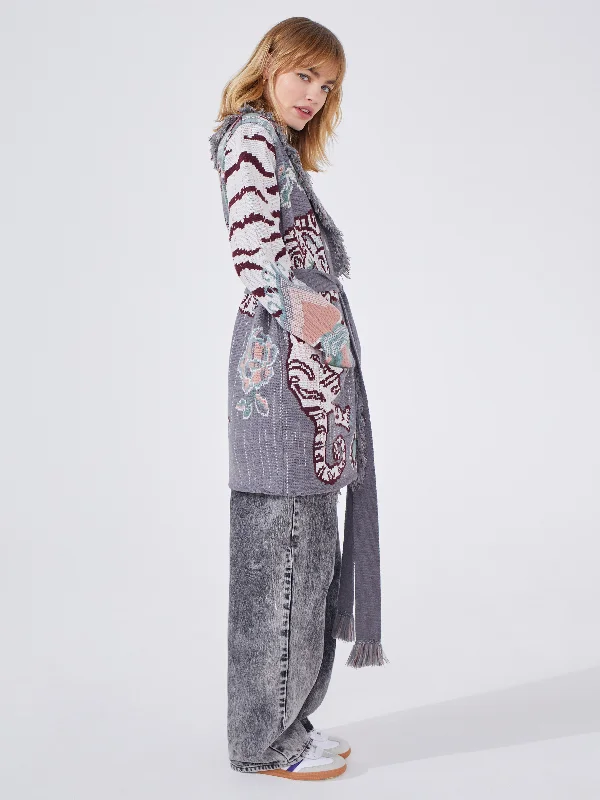 Tibetan Tiger Short Cardigan in Grey Velvet Chenille Corduroy