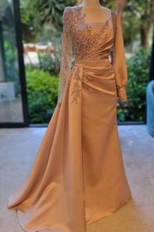 Charming Long Sleeves Prom Dress Satin Evening Party Dress with Side Sweep Train Tunics Long Elegant