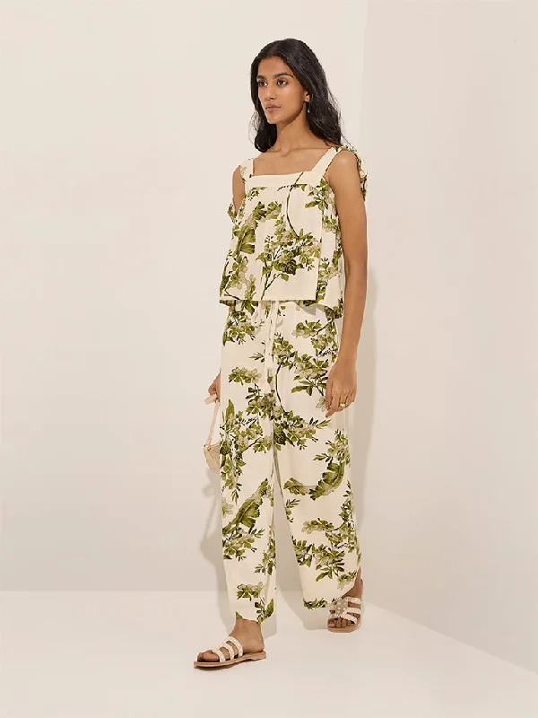 LOV Off-White Printed Mid-Rise Linen-Blend Pants Comfortable Denim Pants
