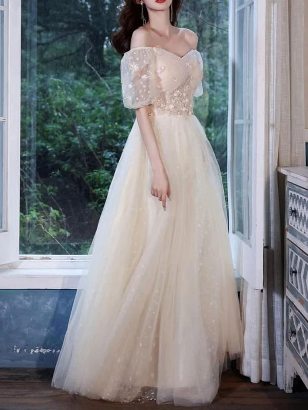 Champagne Evening Dress A-Line Strapless Short Sleeve Lace Up Soft Tulle Lace Floor-Length Formal Party Dresses Pageant Dress Tunics Lace romantic