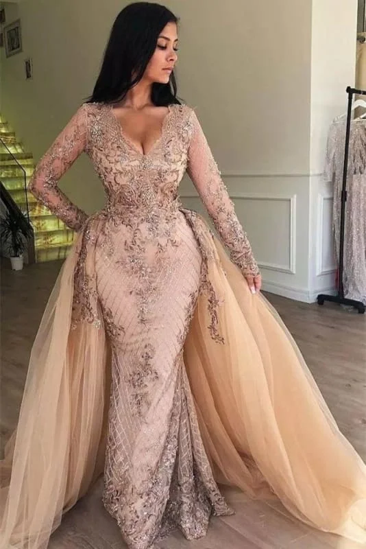 Mermaid V-neck Long Sleeves Prom Dresses with Detachable Skirt Lace Appliques Party Dress Cowl Neckline Elegant